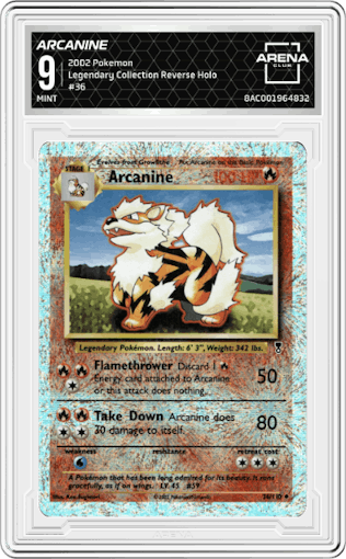 Arcanine from the 2002 Pokemon  set graded by Arena Club and given an overall grade of 9.