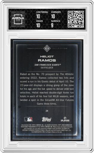 Heliot Ramos from the 2022 Bowman Transcendent Collection set graded by Arena Club and given an overall grade of 9.5.