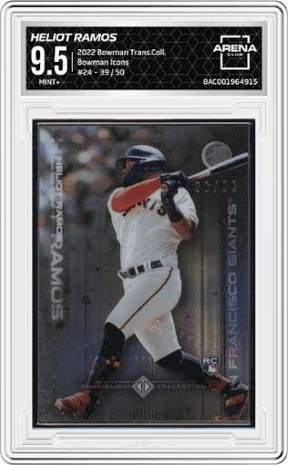 Heliot Ramos from the 2022 Bowman Transcendent Collection set graded by Arena Club and given an overall grade of 9.5.