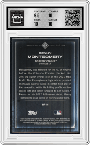 Benny Montgomery from the 2022 Bowman Transcendent Collection set graded by Arena Club and given an overall grade of 10.