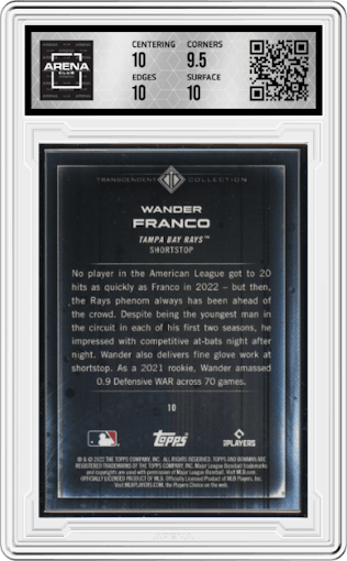 Wander Franco from the 2022 Bowman Transcendent Collection set graded by Arena Club and given an overall grade of 10.