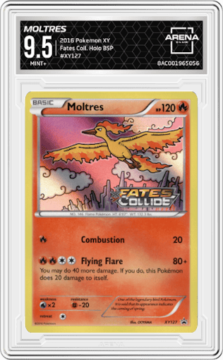 Moltres from the 2016 Pokemon XY set featuring a Fates Collide Prerelease Promo parallel graded by Arena Club and given an overall grade of 9.5.