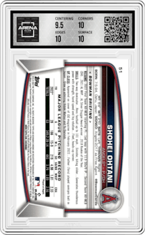 Shohei Ohtani from the 2023 Bowman Mega Box set featuring a Navy Refractor parallel graded by Arena Club and given an overall grade of 10.