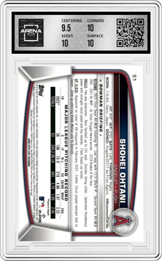 Shohei Ohtani from the 2023 Bowman Mega Box set featuring a Navy Refractor parallel graded by Arena Club and given an overall grade of 10.