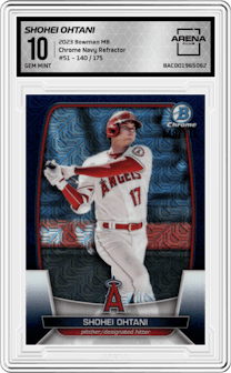 Shohei Ohtani from the 2023 Bowman Mega Box set featuring a Navy Refractor parallel graded by Arena Club and given an overall grade of 10.