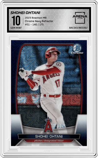 Shohei Ohtani from the 2023 Bowman Mega Box set featuring a Navy Refractor parallel graded by Arena Club and given an overall grade of 10.