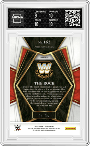 The Rock from the 2022 Panini Select WWE set featuring a Orange Prizm parallel graded by Arena Club and given an overall grade of 9.5.