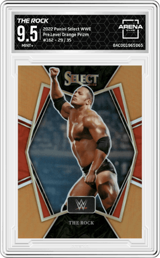 The Rock from the 2022 Panini Select WWE set featuring a Orange Prizm parallel graded by Arena Club and given an overall grade of 9.5.