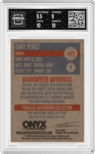 Eury Perez from the 2021 Onyx Vintage Extended set featuring a Blue Signatures parallel graded by Arena Club and given an overall grade of 9.5.