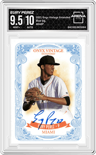 Eury Perez from the 2021 Onyx Vintage Extended set featuring a Blue Signatures parallel graded by Arena Club and given an overall grade of 9.5.