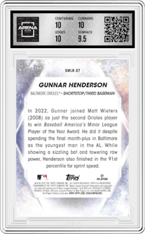 Gunnar Henderson from the 2023 Topps Series 2 set graded by Arena Club and given an overall grade of 10.