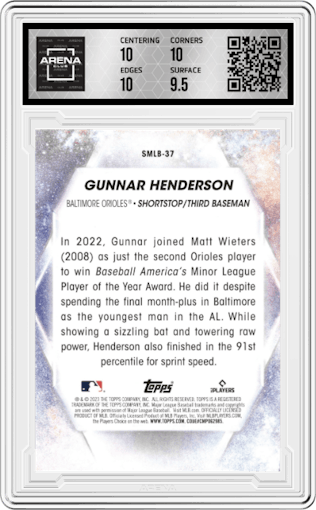 Gunnar Henderson from the 2023 Topps Series 2 set graded by Arena Club and given an overall grade of 10.