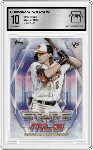 Gunnar Henderson from the 2023 Topps Series 2 set graded by Arena Club and given an overall grade of 10.