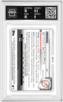 Jasson Dominguez from the 2020 Bowman set graded by Arena Club and given an overall grade of 9.5.