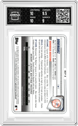 Jasson Dominguez from the 2020 Bowman set graded by Arena Club and given an overall grade of 9.5.