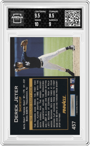 Derek Jeter from the 1993 Pinnacle set graded by Arena Club and given an overall grade of 9.