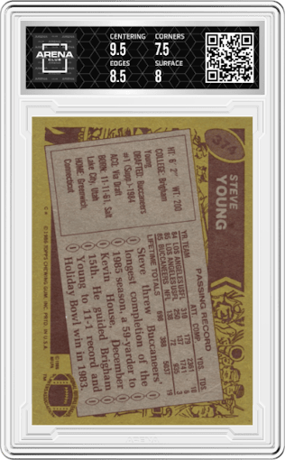 Steve Young from the 1986 Topps set featuring a Variation parallel graded by Arena Club and given an overall grade of 8.