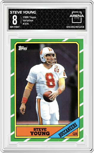 Steve Young from the 1986 Topps set featuring a Variation parallel graded by Arena Club and given an overall grade of 8.