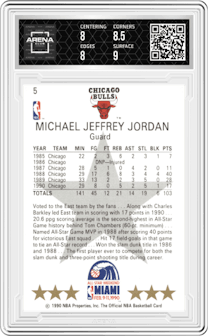 Michael Jordan from the 1990-91 NBA Hoops set graded by Arena Club and given an overall grade of 8.5.