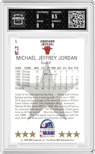 Michael Jordan from the 1990-91 NBA Hoops set graded by Arena Club and given an overall grade of 8.5.