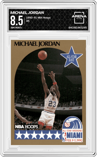 Michael Jordan from the 1990-91 NBA Hoops set graded by Arena Club and given an overall grade of 8.5.