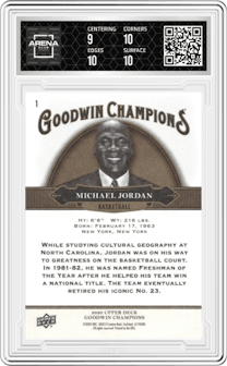 Michael Jordan from the 2020 Upper Deck Goodwin Champions set graded by Arena Club and given an overall grade of 9.5.