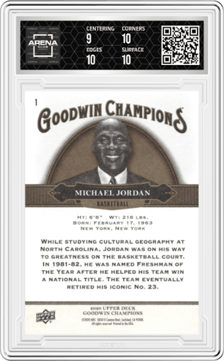 Michael Jordan from the 2020 Upper Deck Goodwin Champions set graded by Arena Club and given an overall grade of 9.5.