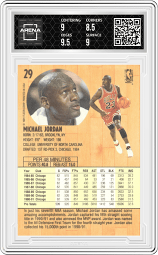 Michael Jordan from the 1991-92 Fleer set graded by Arena Club and given an overall grade of 9.