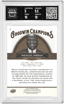 Michael Jordan from the 2020 Upper Deck Goodwin Champions set graded by Arena Club and given an overall grade of 9.5.