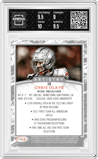 Chris Olave from the 2022 SAGE Artistry set graded by Arena Club and given an overall grade of 9.5.