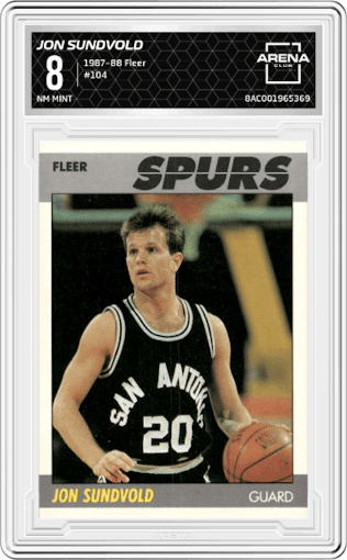 Jon Sundvold from the 1987-88 Fleer set graded by Arena Club and given an overall grade of 8.
