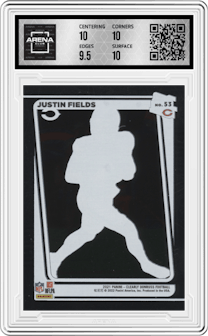 Justin Fields from the 2021 Panini Clearly Donruss set graded by Arena Club and given an overall grade of 10.