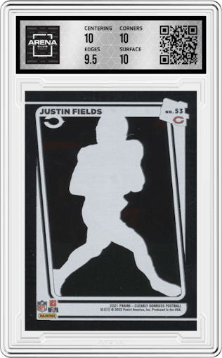 Justin Fields from the 2021 Panini Clearly Donruss set graded by Arena Club and given an overall grade of 10.