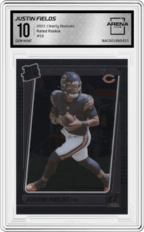 Justin Fields from the 2021 Panini Clearly Donruss set graded by Arena Club and given an overall grade of 10.