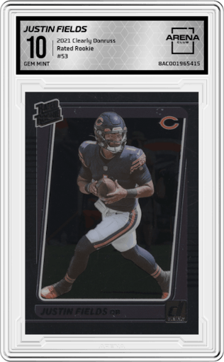 Justin Fields from the 2021 Panini Clearly Donruss set graded by Arena Club and given an overall grade of 10.