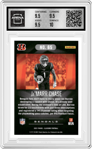 Ja'Marr Chase from the 2021 Panini Illusions set featuring a Retail parallel graded by Arena Club and given an overall grade of 10.