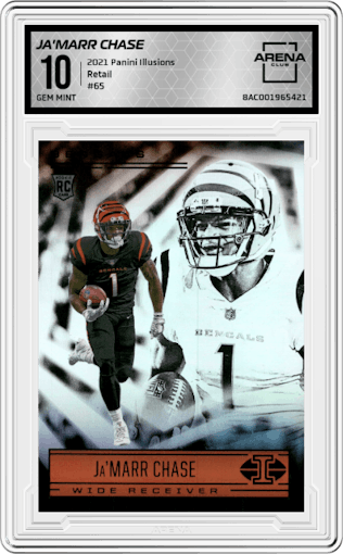 Ja'Marr Chase from the 2021 Panini Illusions set featuring a Retail parallel graded by Arena Club and given an overall grade of 10.