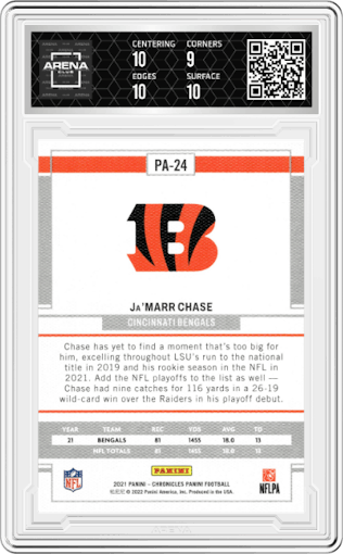 Ja'Marr Chase from the 2021 Panini Chronicles set featuring a Pink parallel graded by Arena Club and given an overall grade of 9.5.