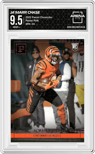 Ja'Marr Chase from the 2021 Panini Chronicles set featuring a Pink parallel graded by Arena Club and given an overall grade of 9.5.