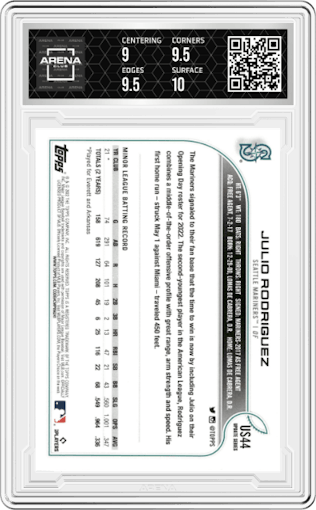 Julio Rodriguez from the 2022 Topps Update  set graded by Arena Club and given an overall grade of 9.5.
