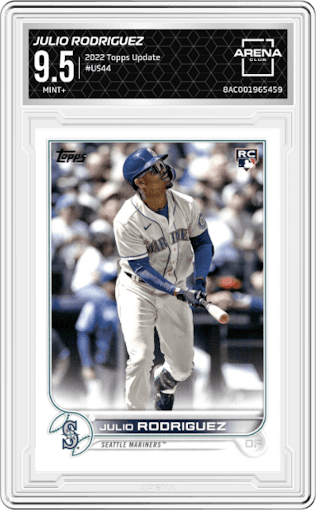 Julio Rodriguez from the 2022 Topps Update  set graded by Arena Club and given an overall grade of 9.5.
