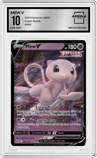 Mew V from the 2023 Pokemon SWSH set graded by Arena Club and given an overall grade of 10.