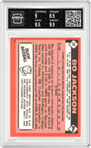 Bo Jackson from the 1986 Topps Traded set graded by Arena Club and given an overall grade of 7.