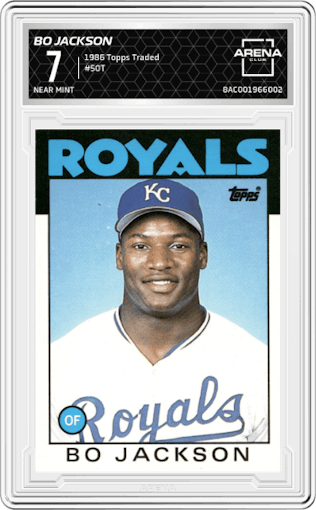 Bo Jackson from the 1986 Topps Traded set graded by Arena Club and given an overall grade of 7.