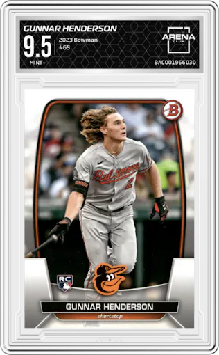 Gunnar Henderson from the 2023 Bowman  set graded by Arena Club and given an overall grade of 9.5.