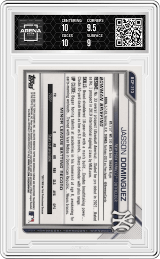 Jasson Dominguez from the 2021 Bowman Chrome set graded by Arena Club and given an overall grade of 9.5.