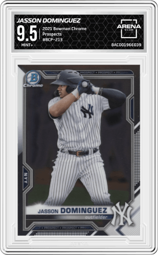 Jasson Dominguez from the 2021 Bowman Chrome set graded by Arena Club and given an overall grade of 9.5.