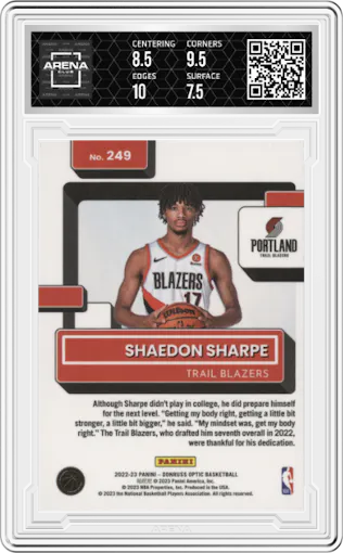 Shaedon Sharpe from the 2022-23 Panini Donruss Optic  set graded by Arena Club and given an overall grade of 8.
