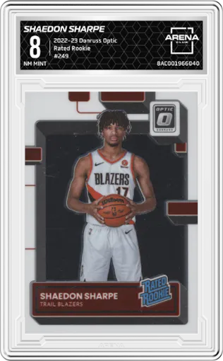 Shaedon Sharpe from the 2022-23 Panini Donruss Optic  set graded by Arena Club and given an overall grade of 8.