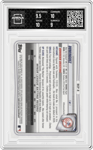 Jasson Dominguez from the 2020 Bowman set graded by Arena Club and given an overall grade of 9.5.